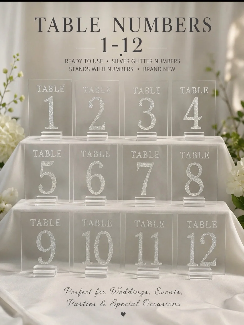 Clear Acrylic Table Numbers with Silver Glitter Digits - Set of 12